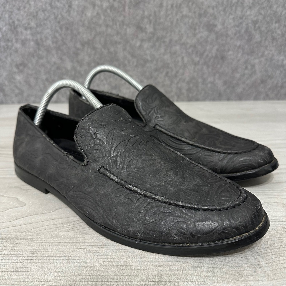Mecca Men Black Floral Embossed Slip‎ On Loafers Dress Shoes ME-9041 Size 11